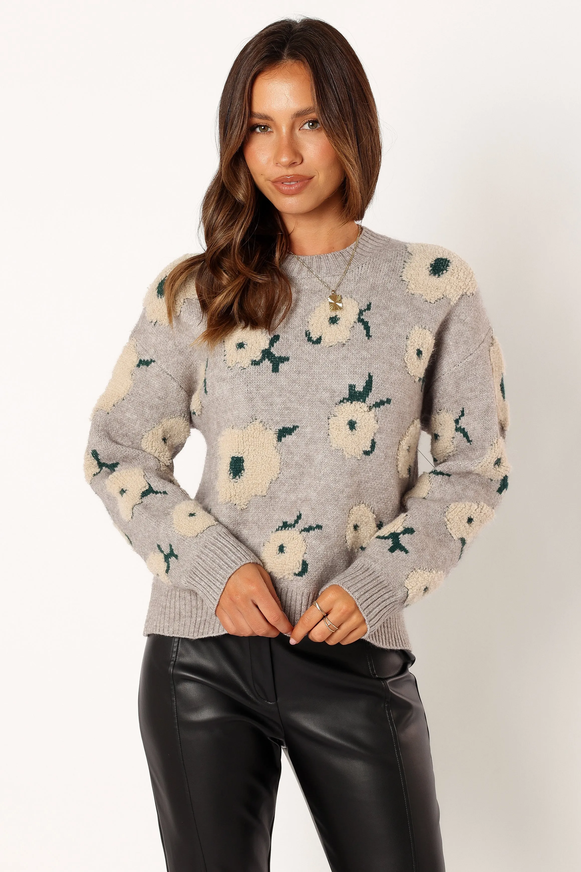 Aubrielle All Over Flower Knit Sweater - Grey Green sold by Petal & Pup product image thumbnail 4