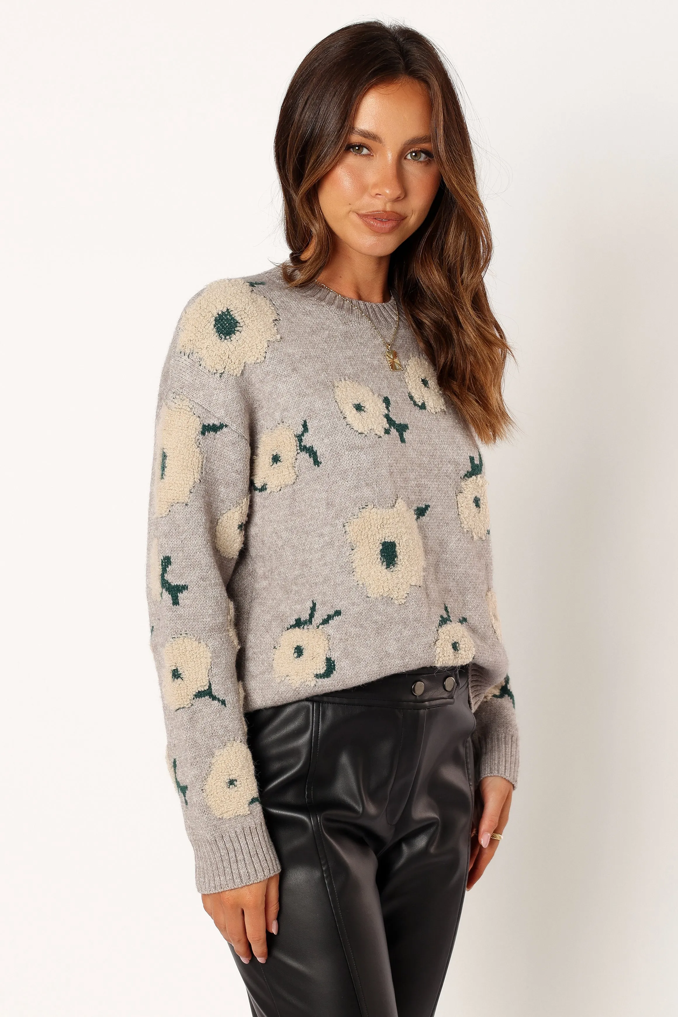 Aubrielle All Over Flower Knit Sweater - Grey Green sold by Petal & Pup product image thumbnail 2