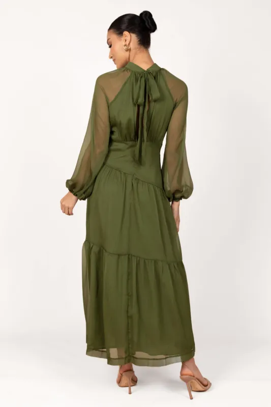 Julip Sheer Long Sleeve Maxi Dress - Olive sold by Petal & Pup