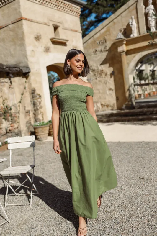 Tessa Off Shoulder Midi Dress - Olive sold by Petal & Pup