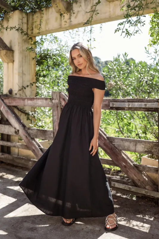 Tessa Off Shoulder Midi Dress - Black sold by Petal & Pup