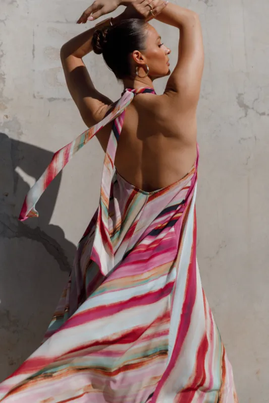 Antonijia Halterneck Maxi Dress - Berry Stripe sold by Petal & Pup