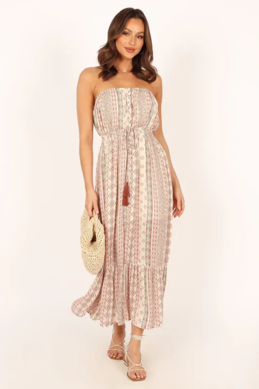 Halliday Strapless Midi Dress - Tan Print sold by Petal & Pup