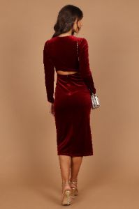 Lisse Twist Front Long Sleeve Velvet Midi Dress - Wine sold by Petal & Pup