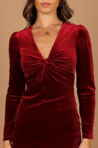 Lisse Twist Front Long Sleeve Velvet Midi Dress - Wine sold by Petal & Pup