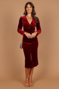 Lisse Twist Front Long Sleeve Velvet Midi Dress - Wine sold by Petal & Pup