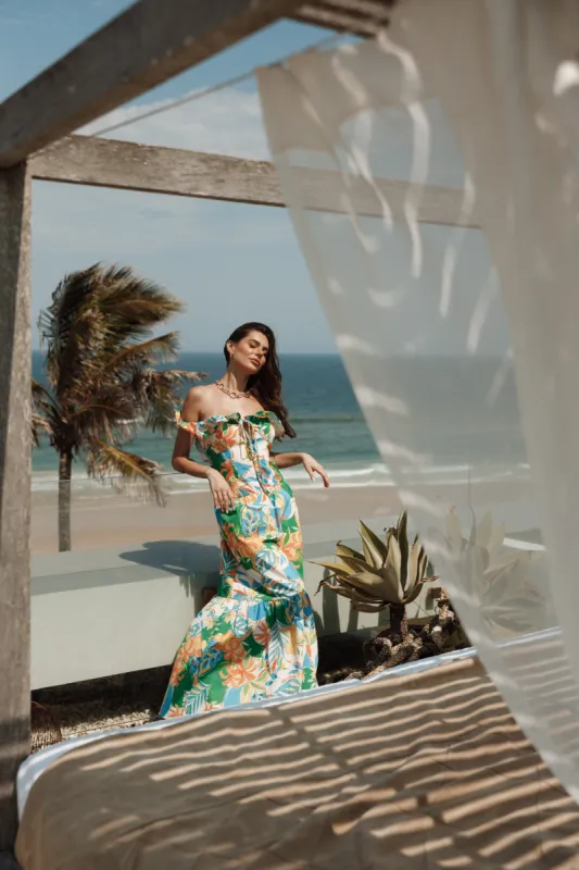 Harriet Off Shoulder Maxi Dress - Malta Print sold by Petal & Pup