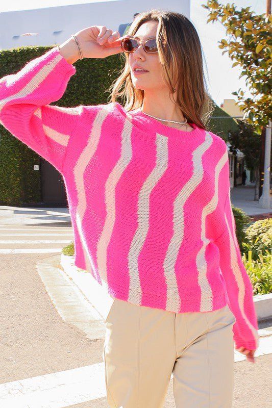 Wave Stripe Pattern Knit Sweater - Hot Pink sold by Petal & Pup product image thumbnail 2