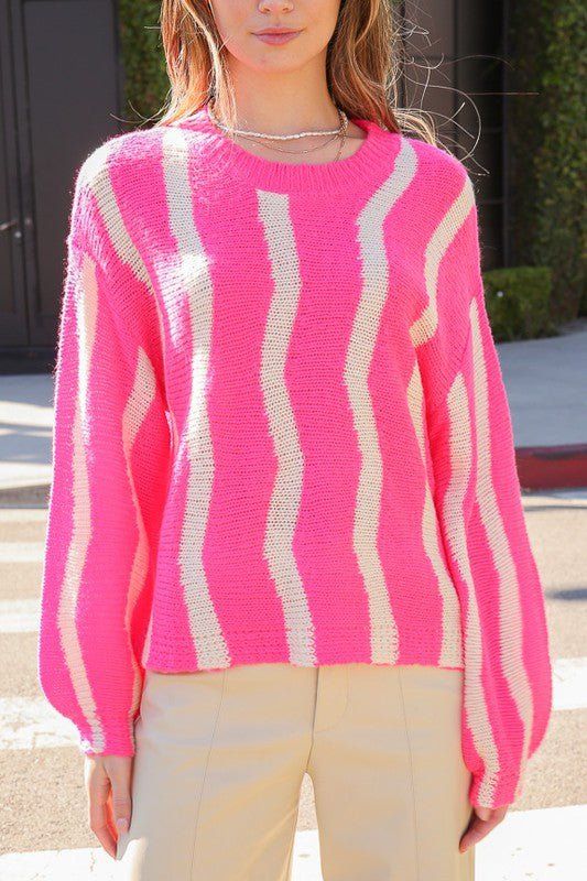 Wave Stripe Pattern Knit Sweater - Hot Pink sold by Petal & Pup product image thumbnail 3
