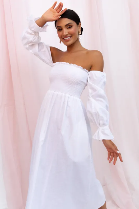 Domenica Shirred Long Sleeve Midi Dress - White sold by Petal & Pup