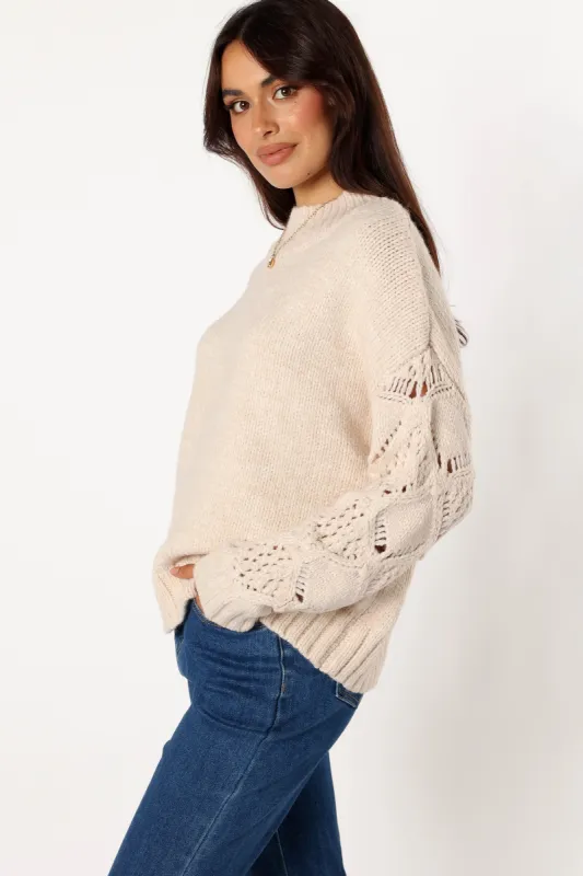 Rebekah Crochet Sleeve Knit Sweater - Cream sold by Petal & Pup
