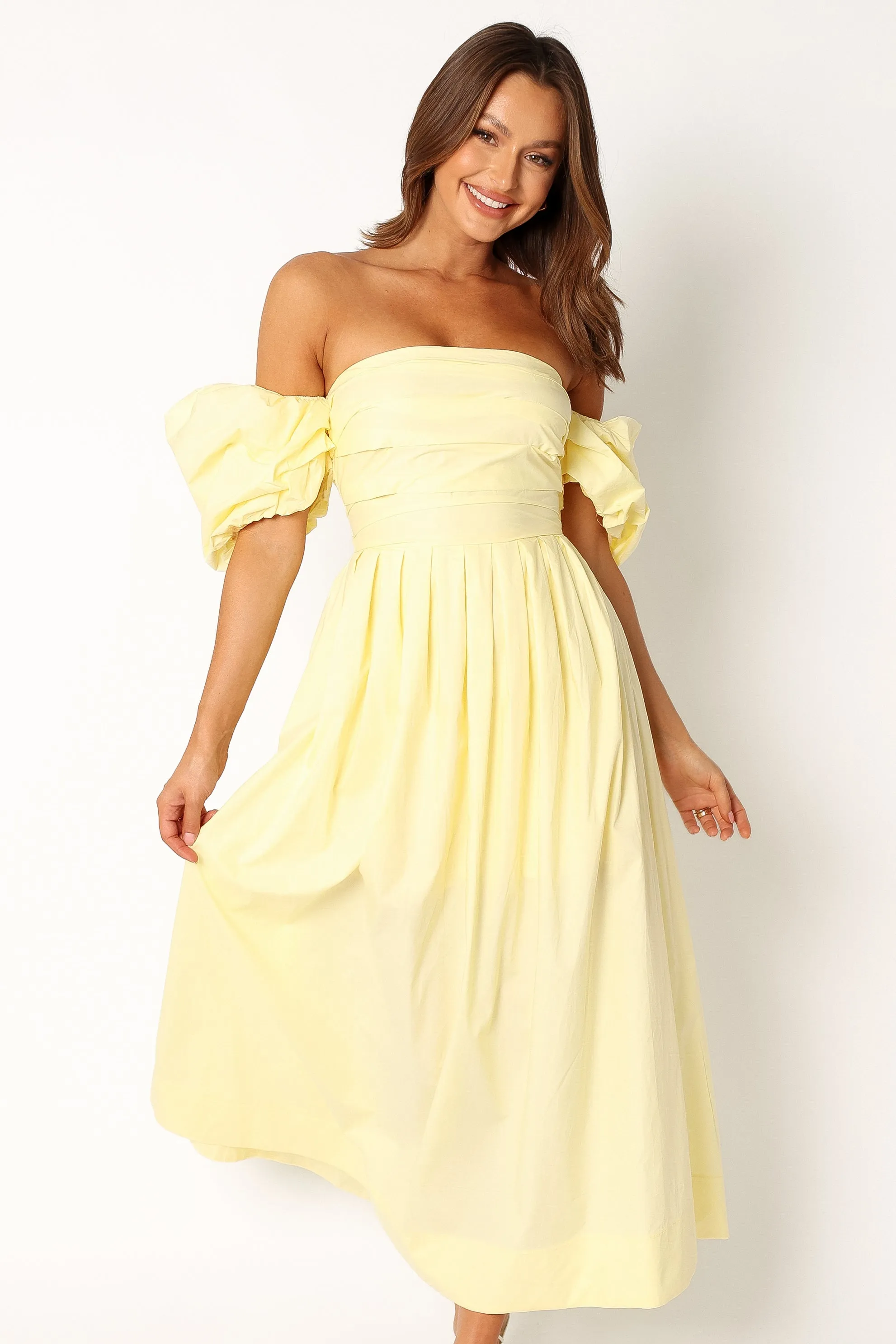 Solana Off Shoulder Midi Dress - Yellow sold by Petal & Pup