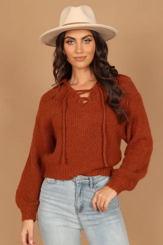 Cate Tie Neck Knit Sweater - Rust sold by Petal & Pup