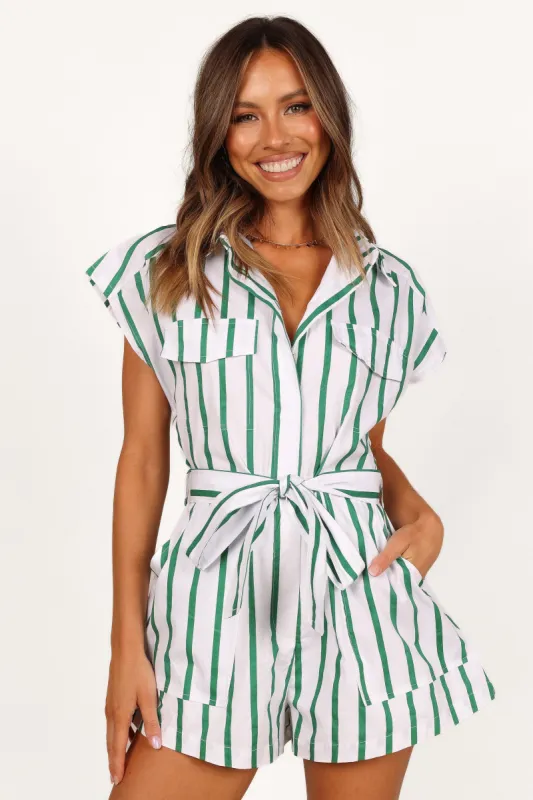 Addie Tie Waist Romper - White/Green sold by Petal & Pup