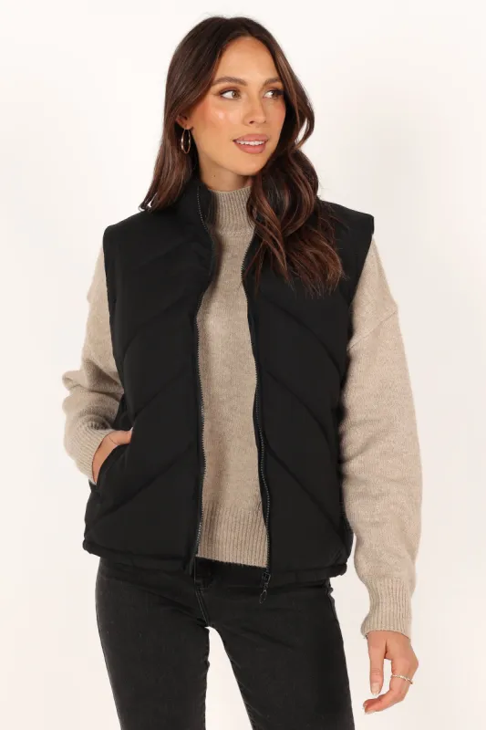 Piper Chevron Quilted Puffer Vest - Black sold by Petal & Pup