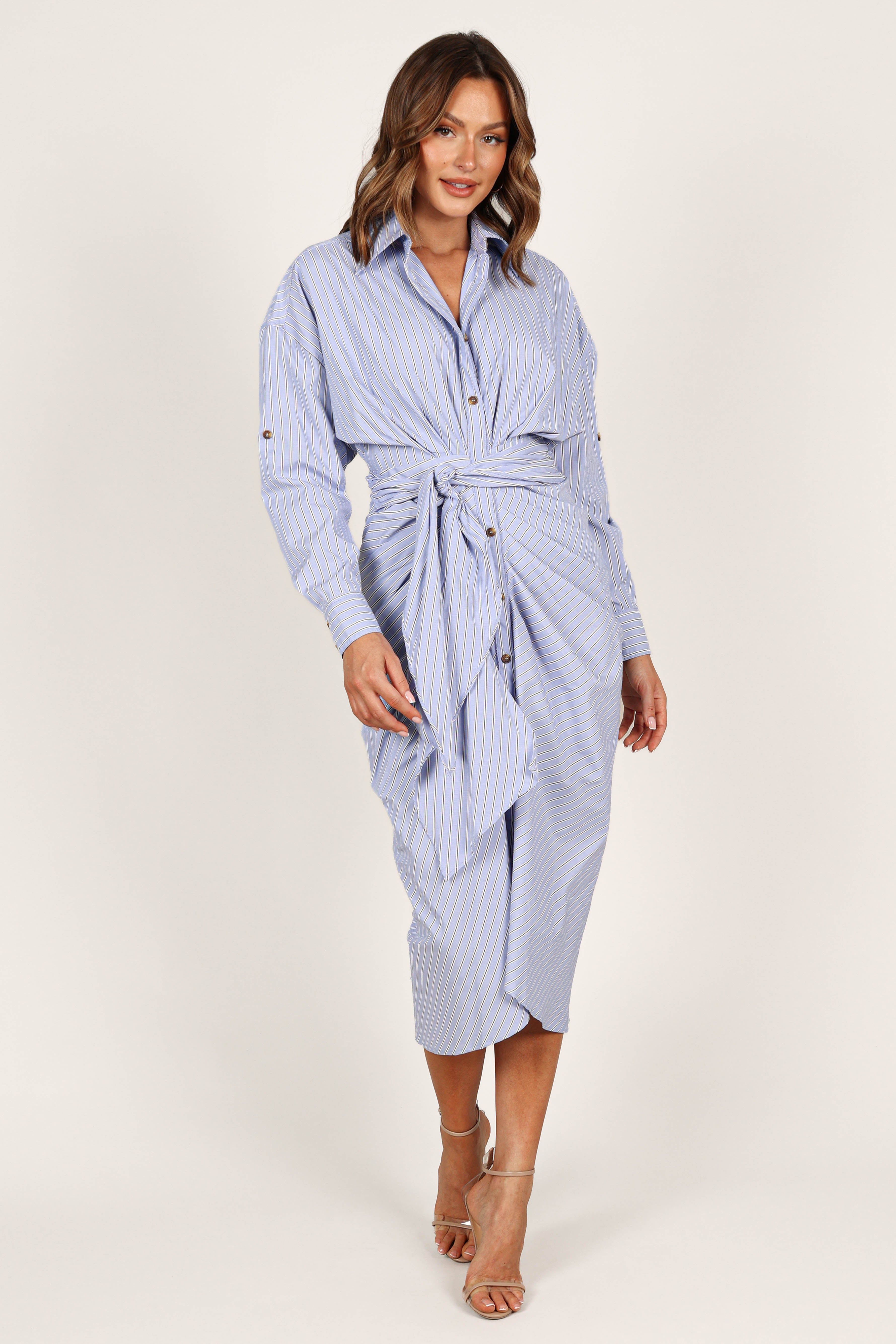 Cynthia Tie Front Midi Dress - Blue Stripe sold by Petal & Pup