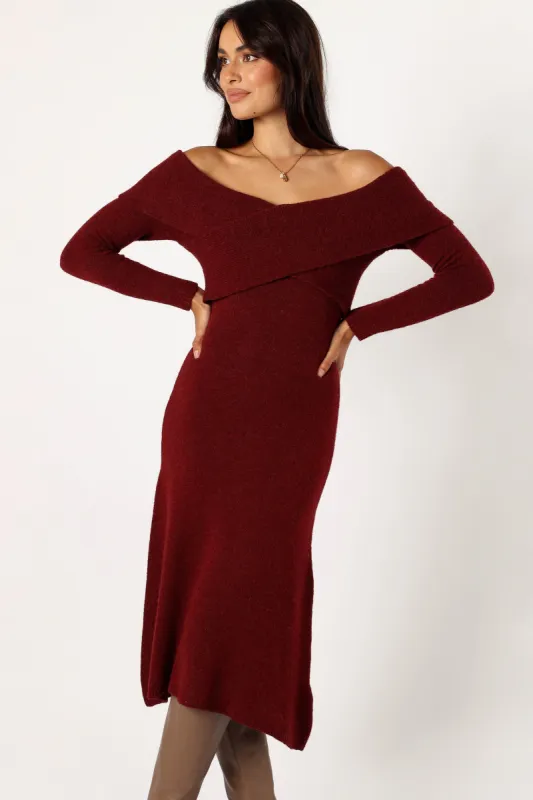 Deena Off Shoulder Midi Dress - Red sold by Petal & Pup