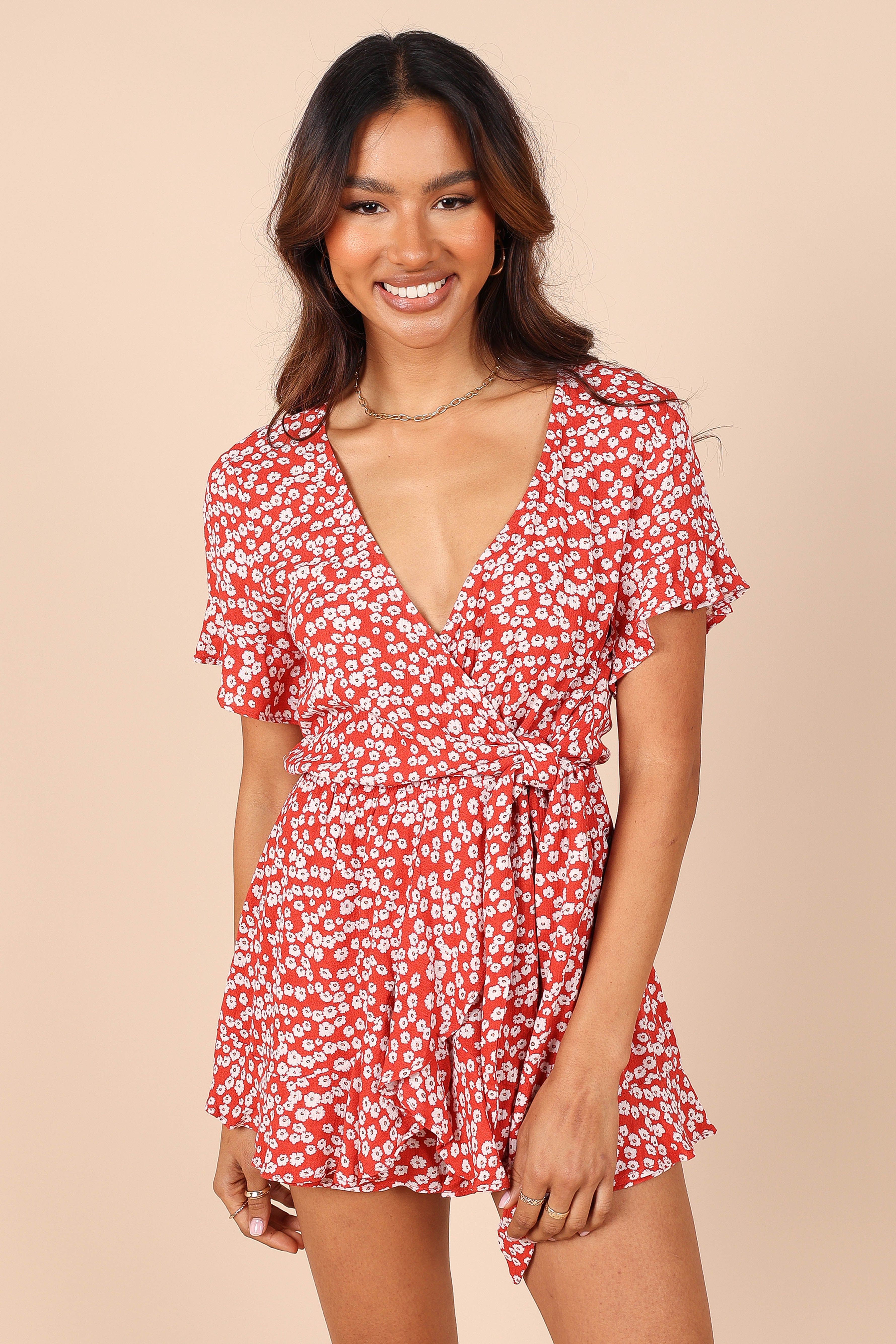 Jollee Tie Waist Romper - Red sold by Petal & Pup