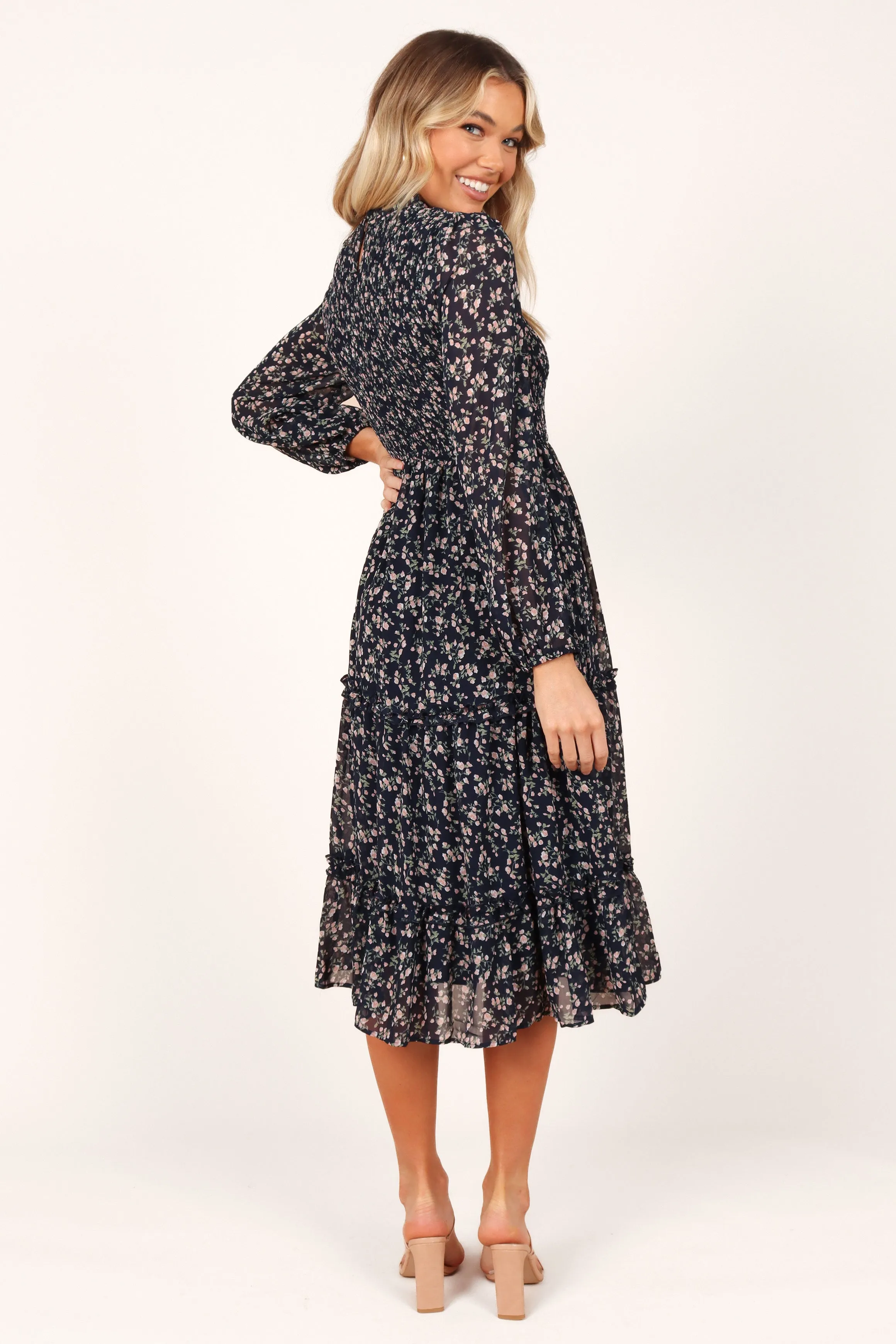 Edwina Shirred Frill Long Sleeve Midi Dress - Navy Floral sold by Petal & Pup product image thumbnail 4