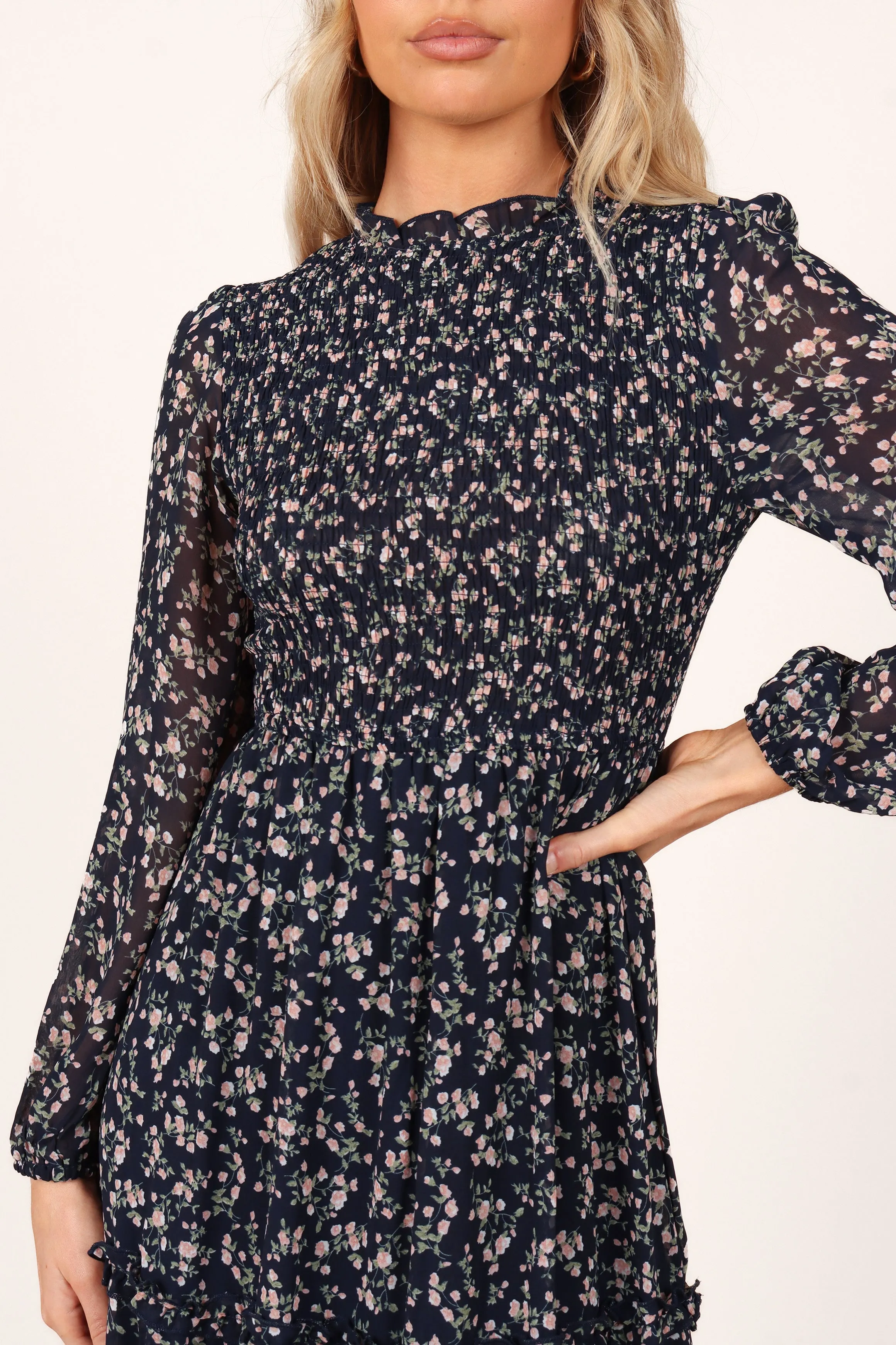 Edwina Shirred Frill Long Sleeve Midi Dress - Navy Floral sold by Petal & Pup product image thumbnail 3