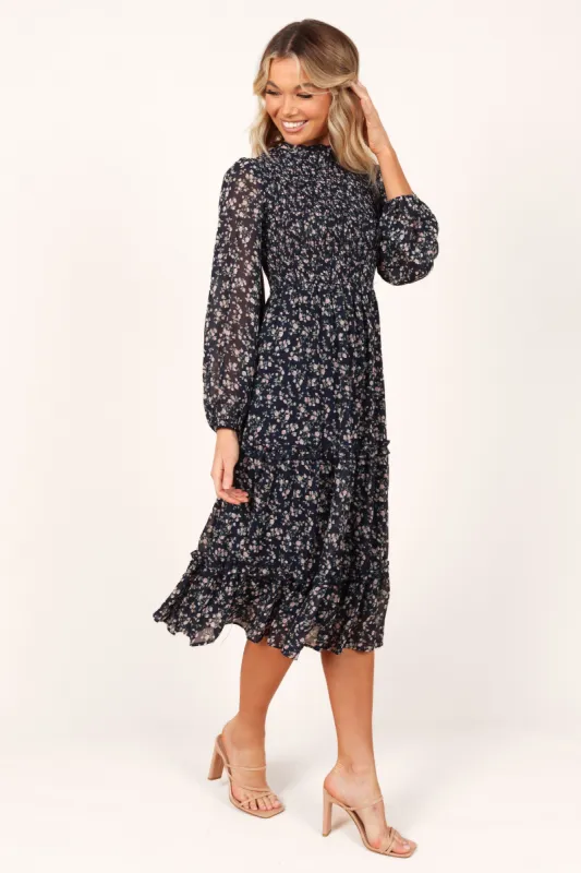 Edwina Shirred Frill Long Sleeve Midi Dress - Navy Floral sold by Petal & Pup