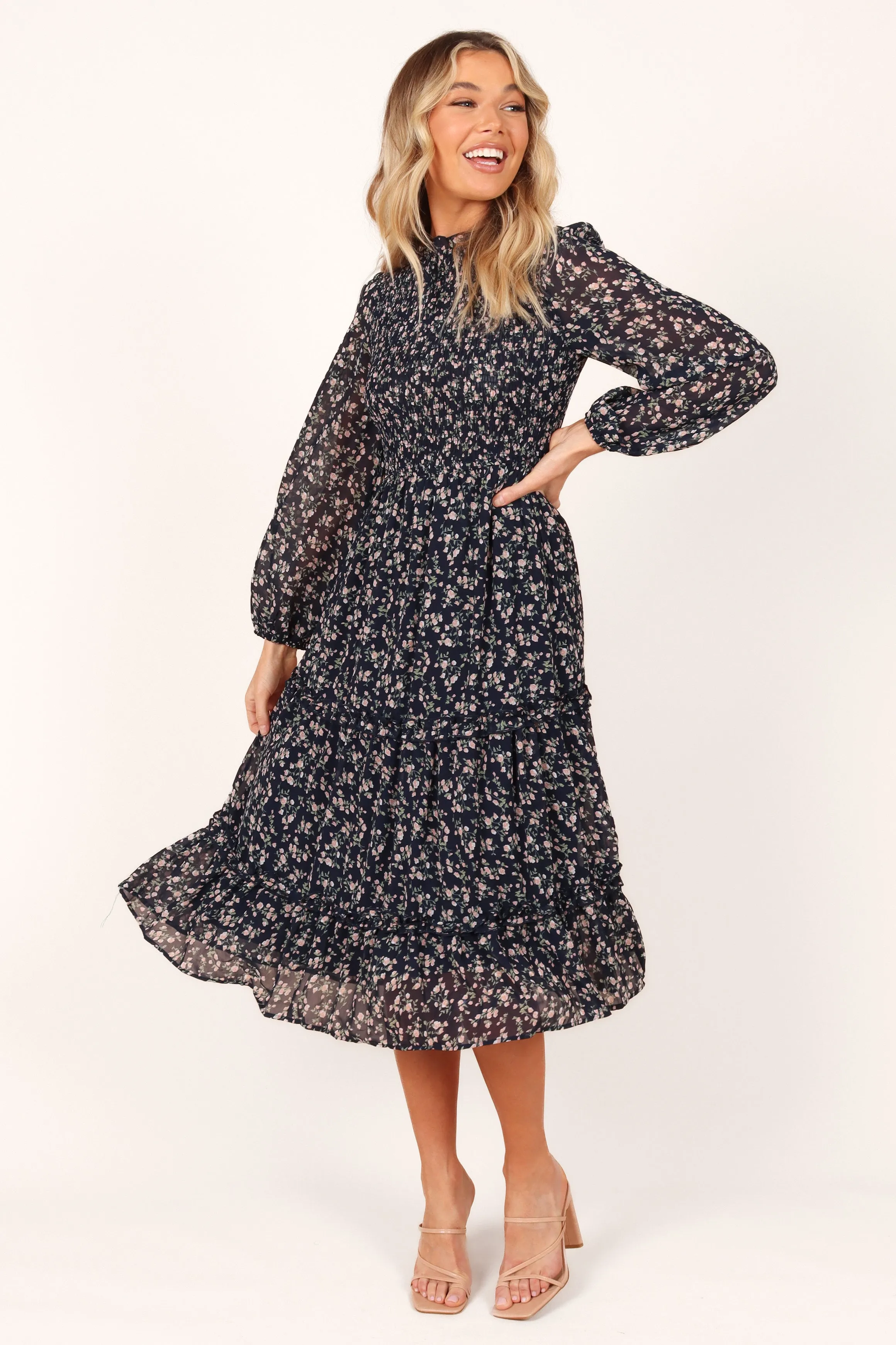 Edwina Shirred Frill Long Sleeve Midi Dress - Navy Floral sold by Petal & Pup product image thumbnail 5