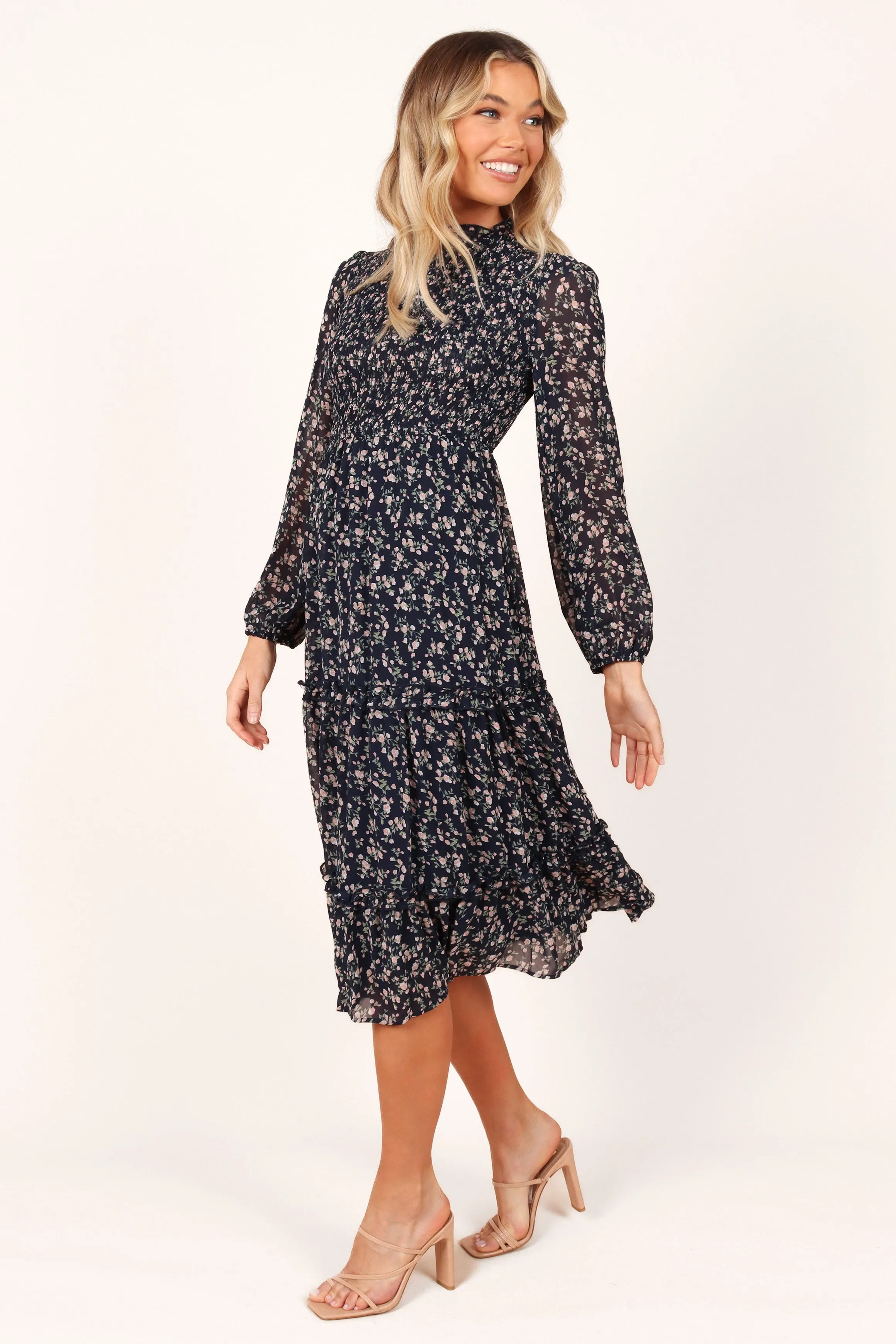Edwina Shirred Frill Long Sleeve Midi Dress - Navy Floral sold by Petal & Pup product image thumbnail 2