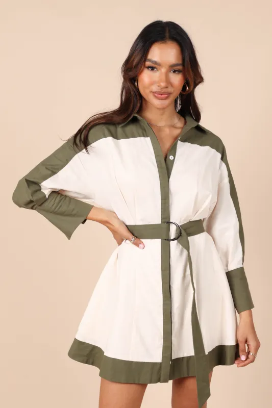 Julia Belted Mini Dress - Olive/White sold by Petal & Pup