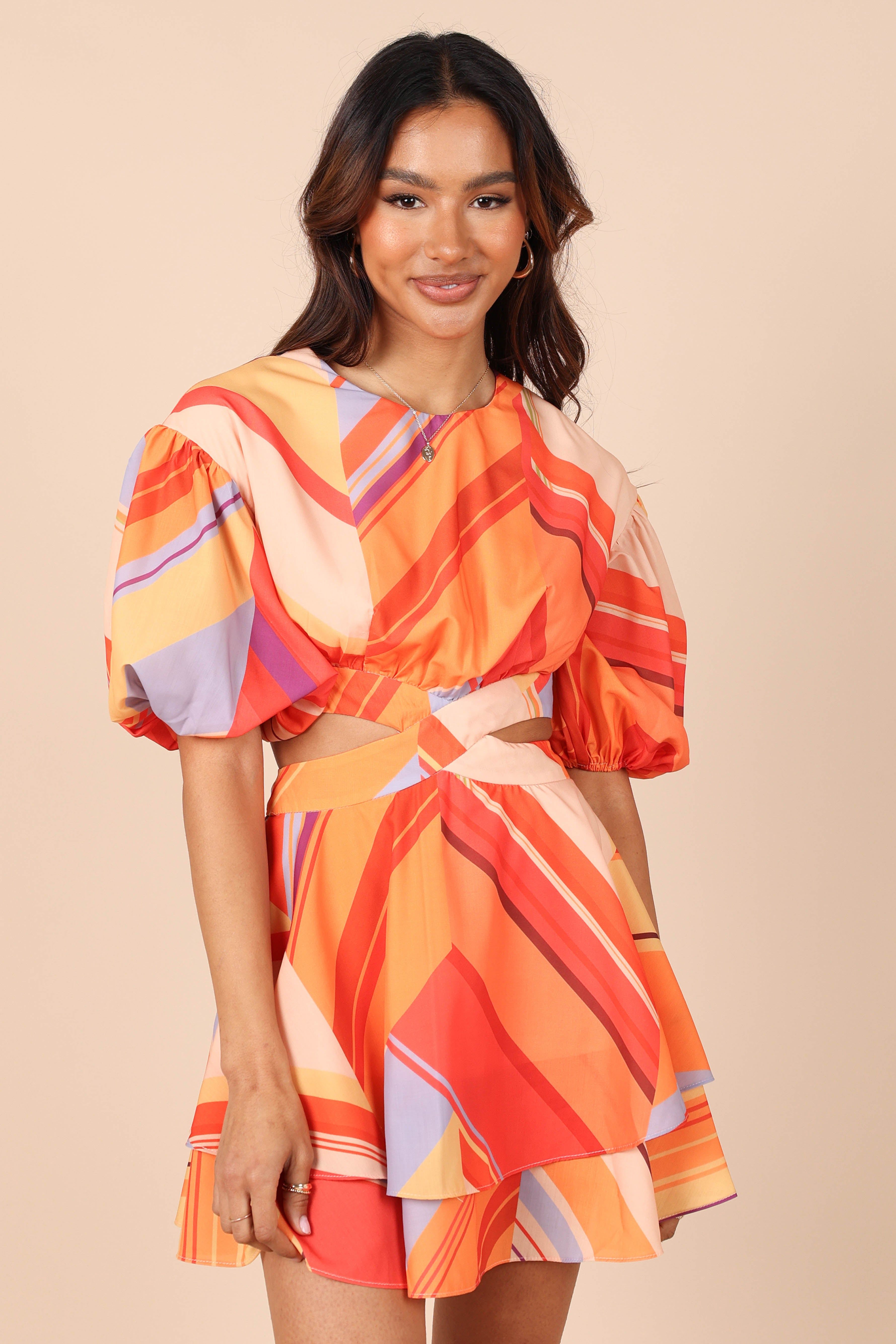 Culet Cut Out Puff Sleeve Mini Dress- Orange sold by Petal & Pup