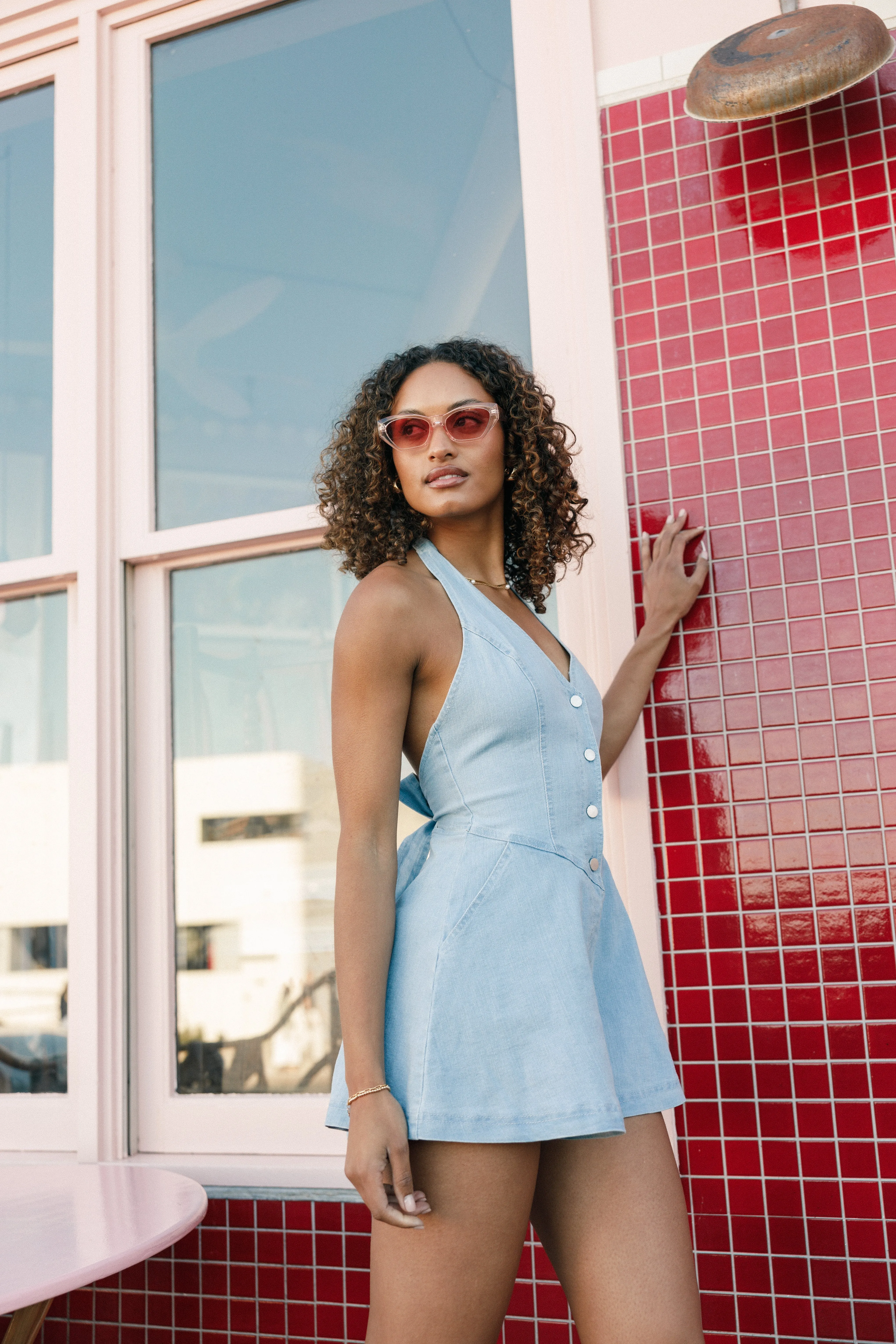 Beverley Halterneck Romper - Light Denim sold by Petal & Pup