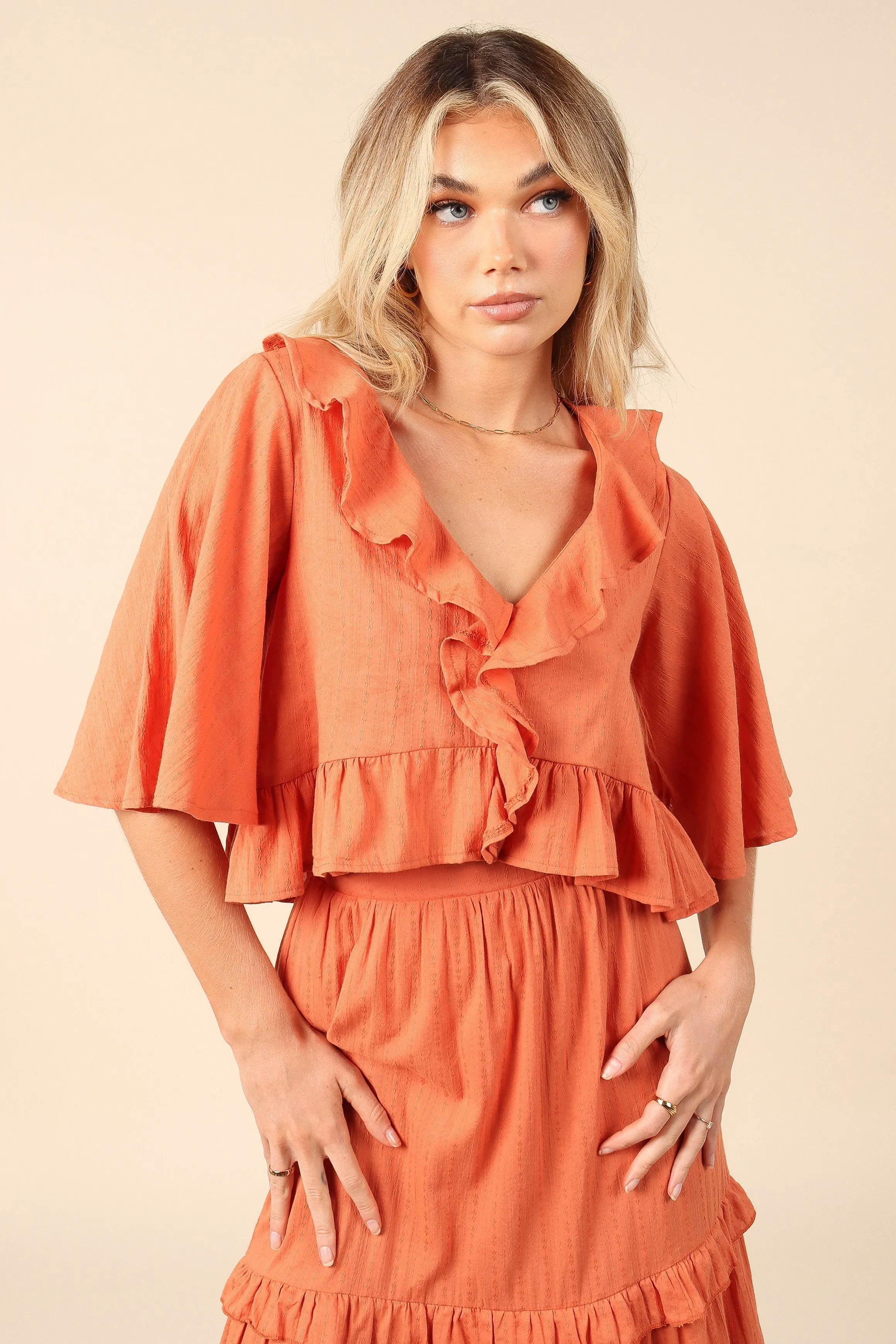 Sheridan Cropped Ruffle Top - Rust sold by Petal & Pup