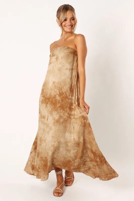 Soph Strapless Linen Maxi Dress - Tan Tie Dye sold by Petal & Pup