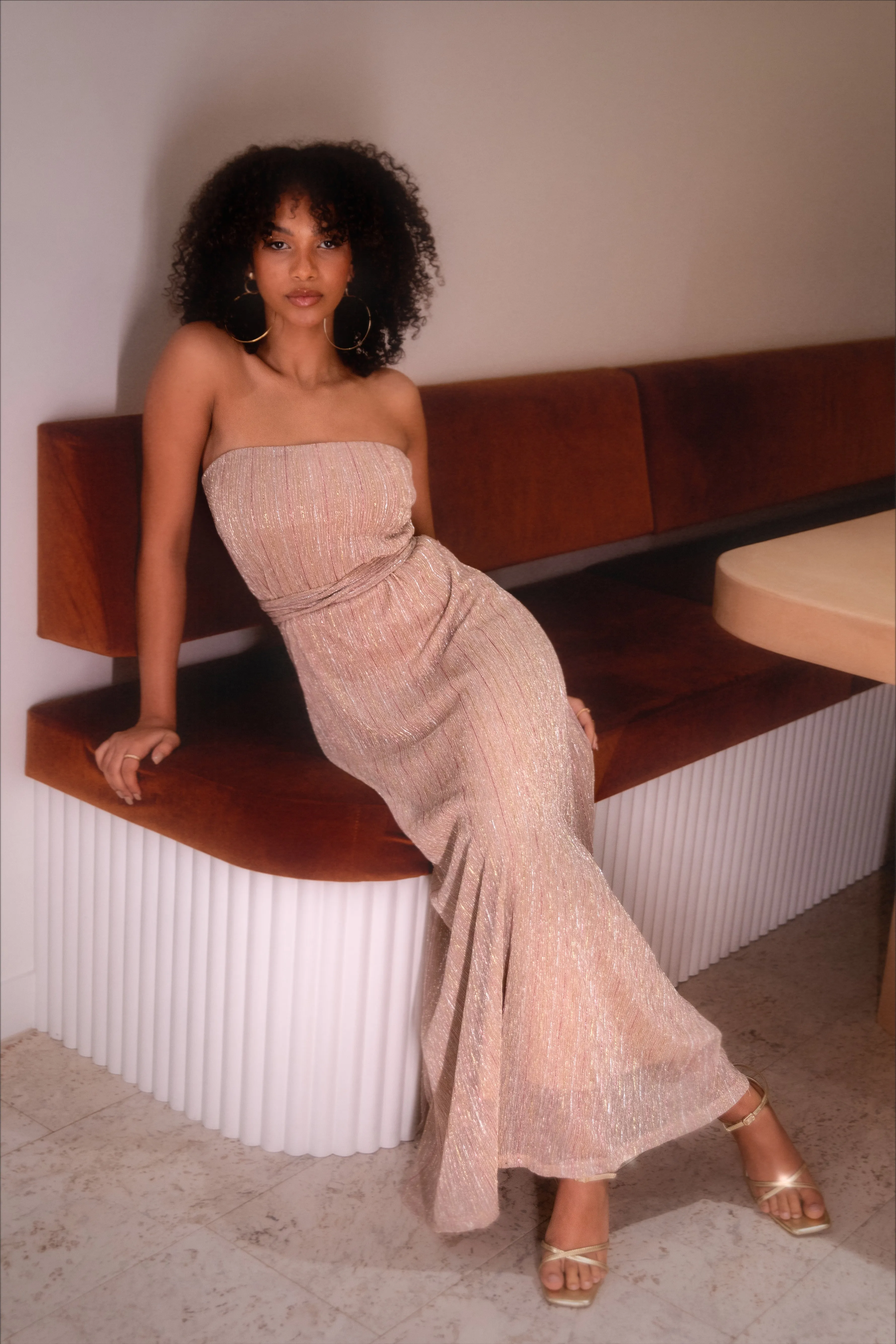 Farley Strapless Maxi Dress - Rose Gold Stripe sold by Petal & Pup