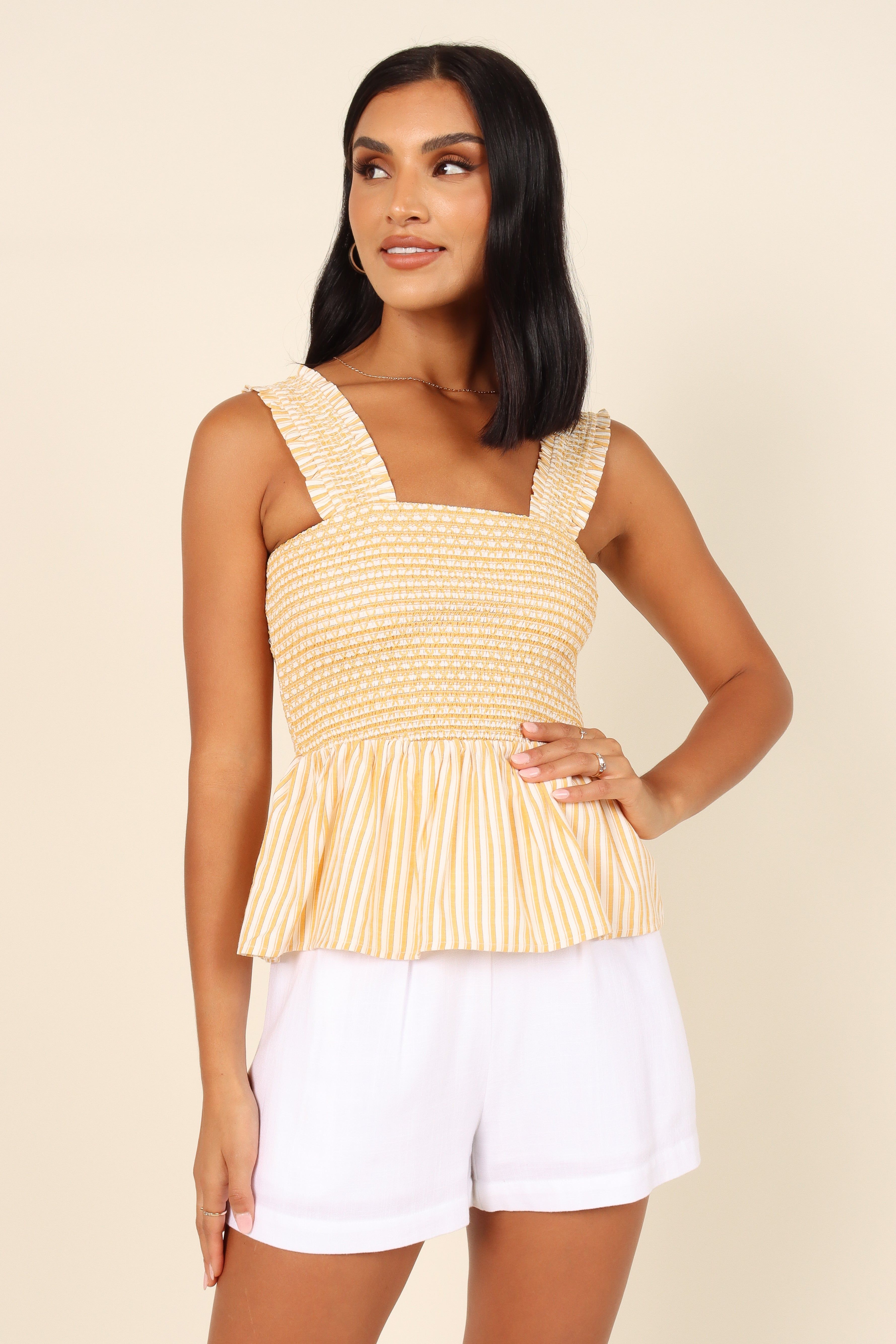 Desiree Peplum Top - Yellow Stripe sold by Petal & Pup