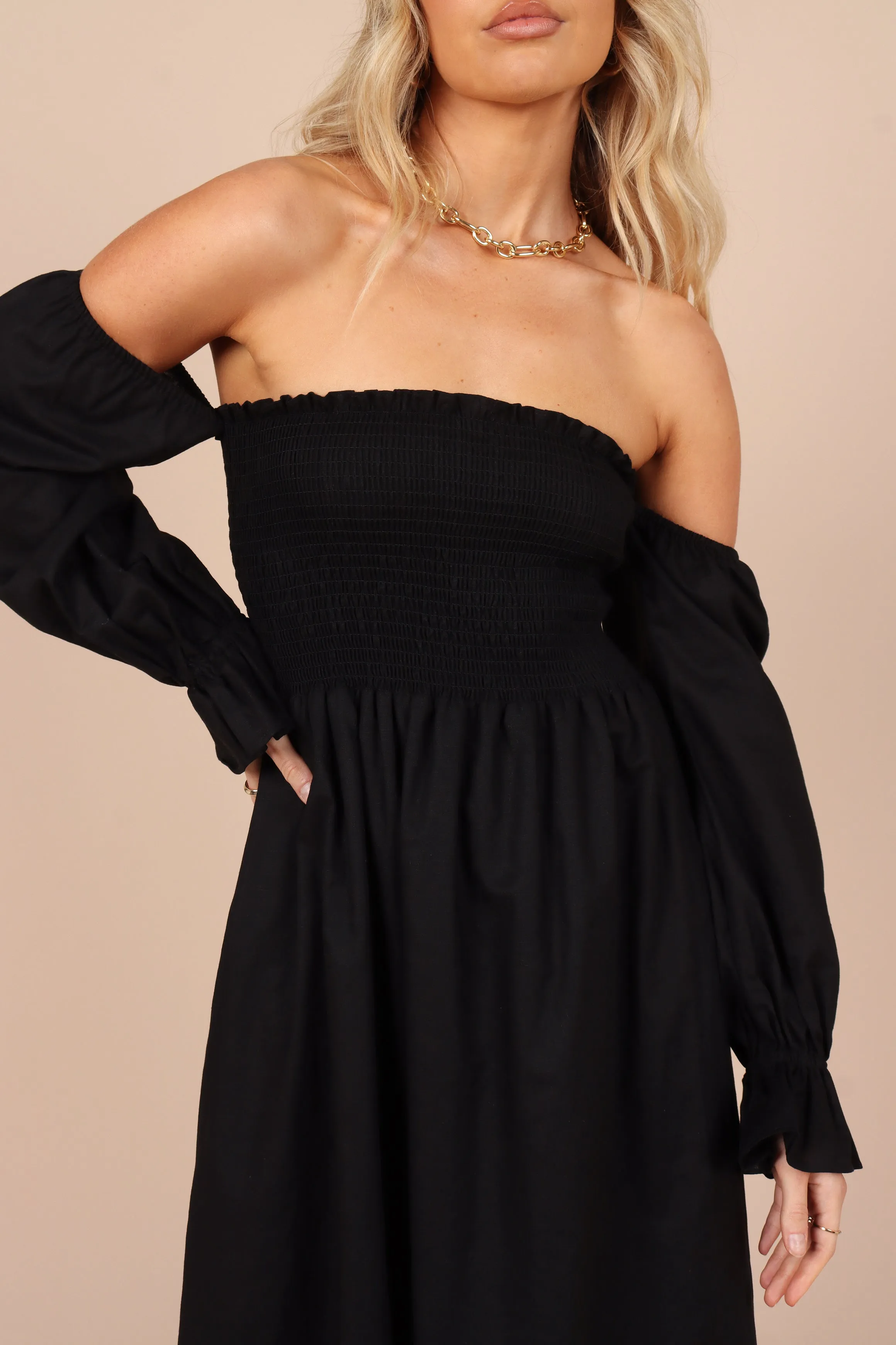 Domenica Shirred Long Sleeve Midi Dress - Black sold by Petal & Pup product image thumbnail 4