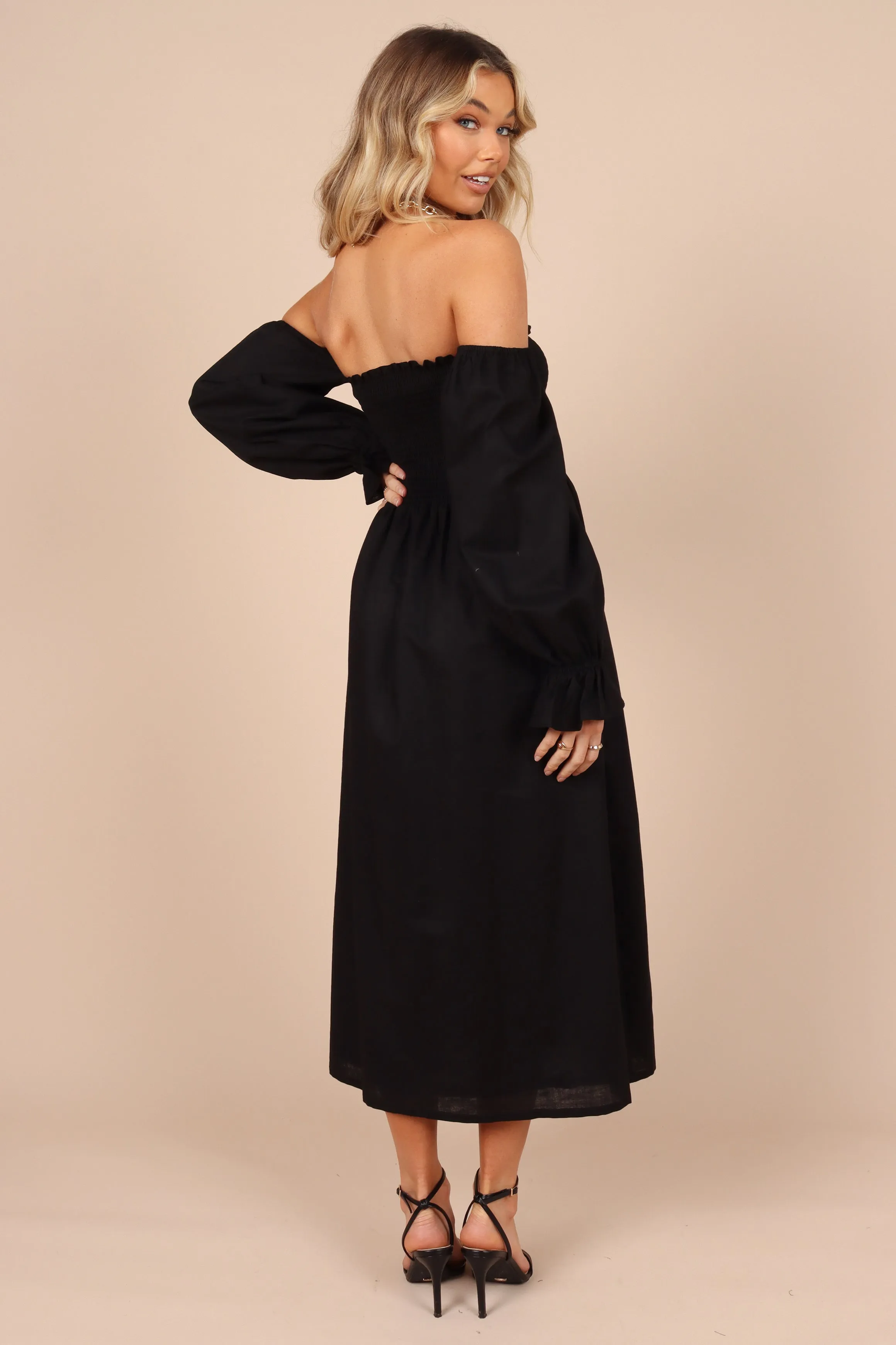 Domenica Shirred Long Sleeve Midi Dress - Black sold by Petal & Pup product image thumbnail 2