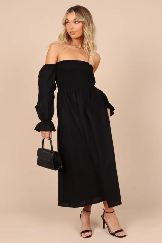 Domenica Shirred Long Sleeve Midi Dress - Black sold by Petal & Pup