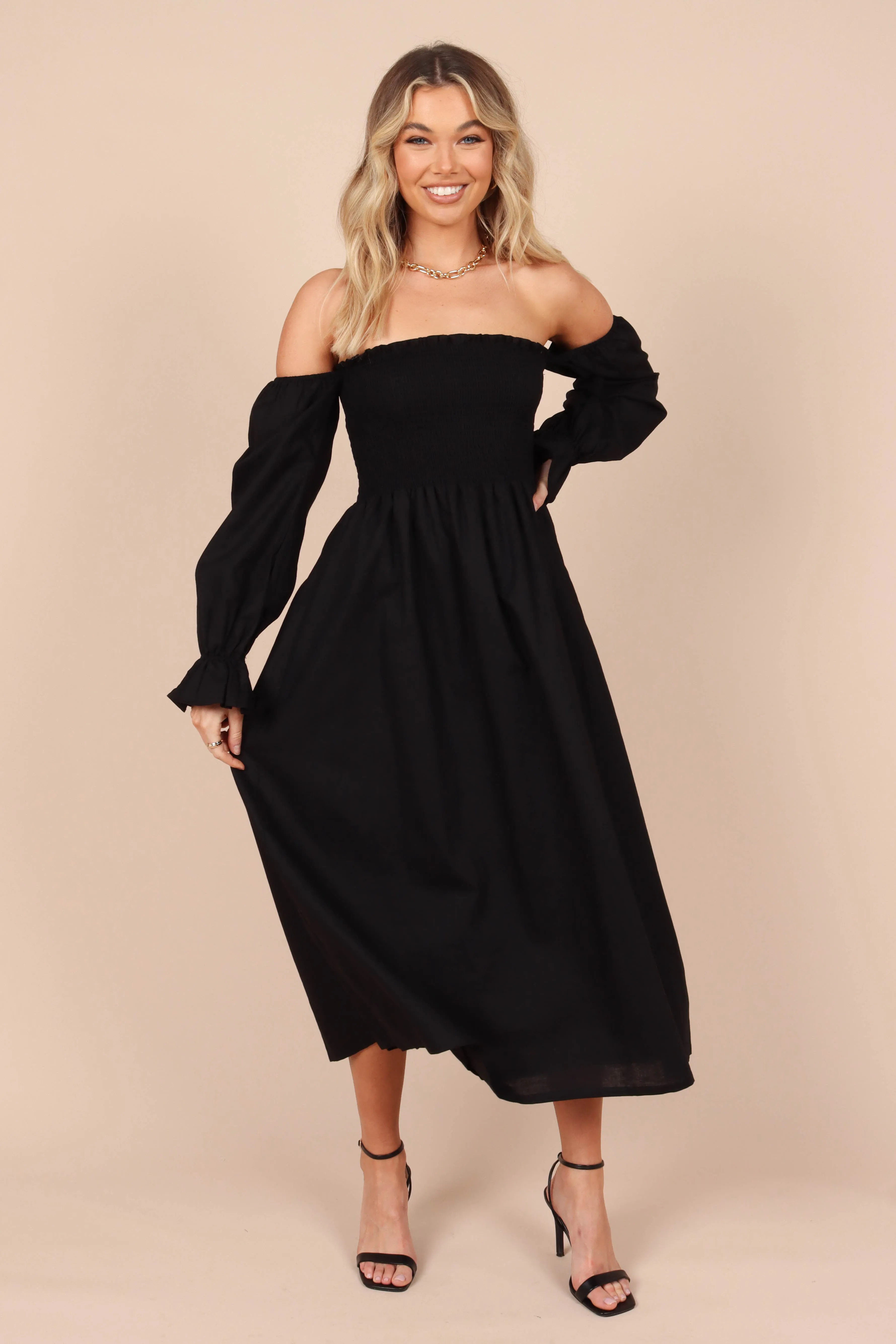 Domenica Shirred Long Sleeve Midi Dress - Black sold by Petal & Pup product image thumbnail 3