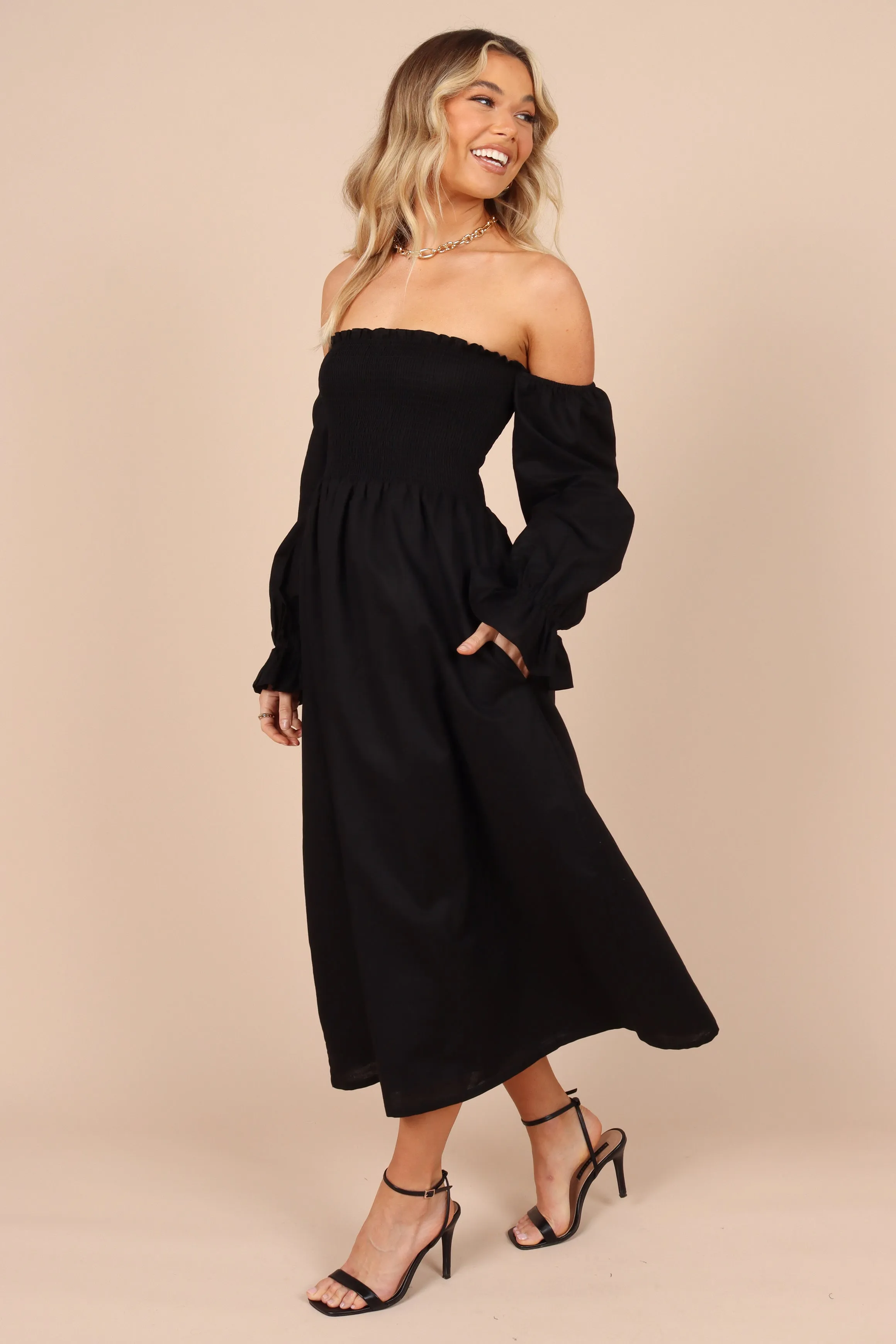 Domenica Shirred Long Sleeve Midi Dress - Black sold by Petal & Pup product image thumbnail 5
