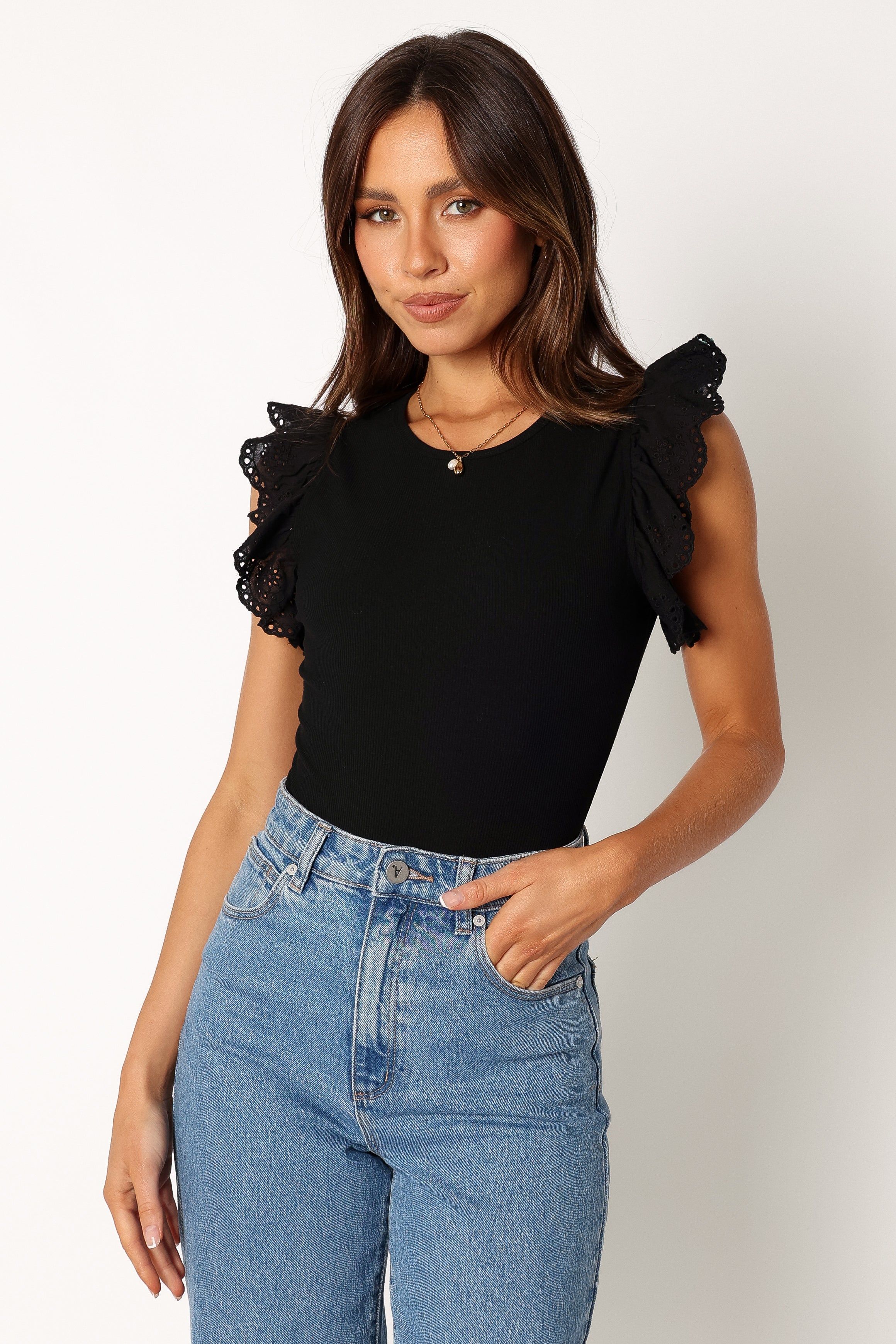 Lola Frill Shoulder Bodysuit - Black sold by Petal & Pup