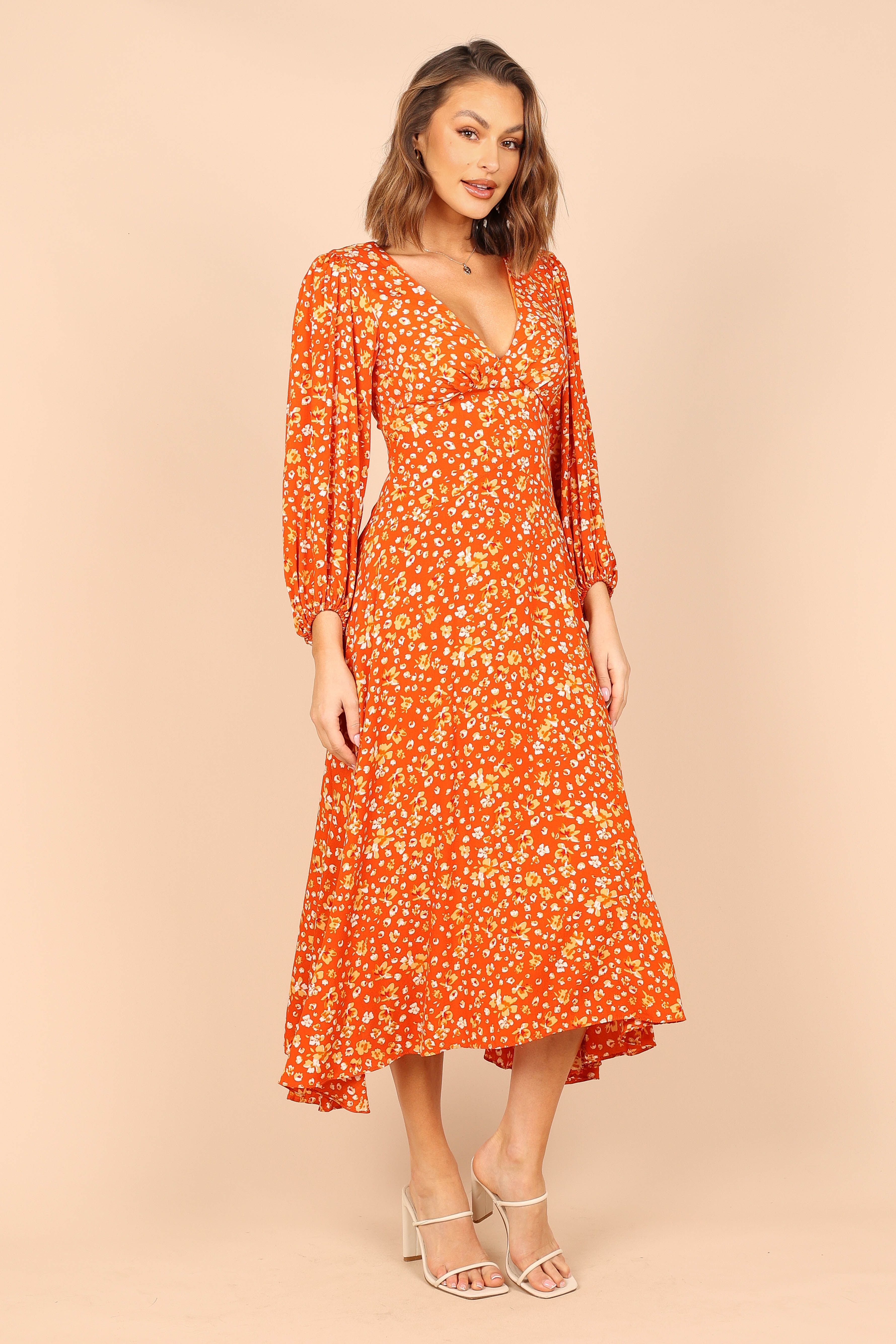 Aron Long Sleeve Midi Dress - Orange Floral sold by Petal & Pup product image thumbnail 4