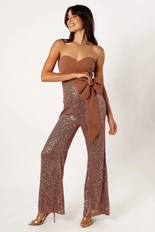 Jacquelin Bow Waist Sequin Jumpsuit - Tan sold by Petal & Pup
