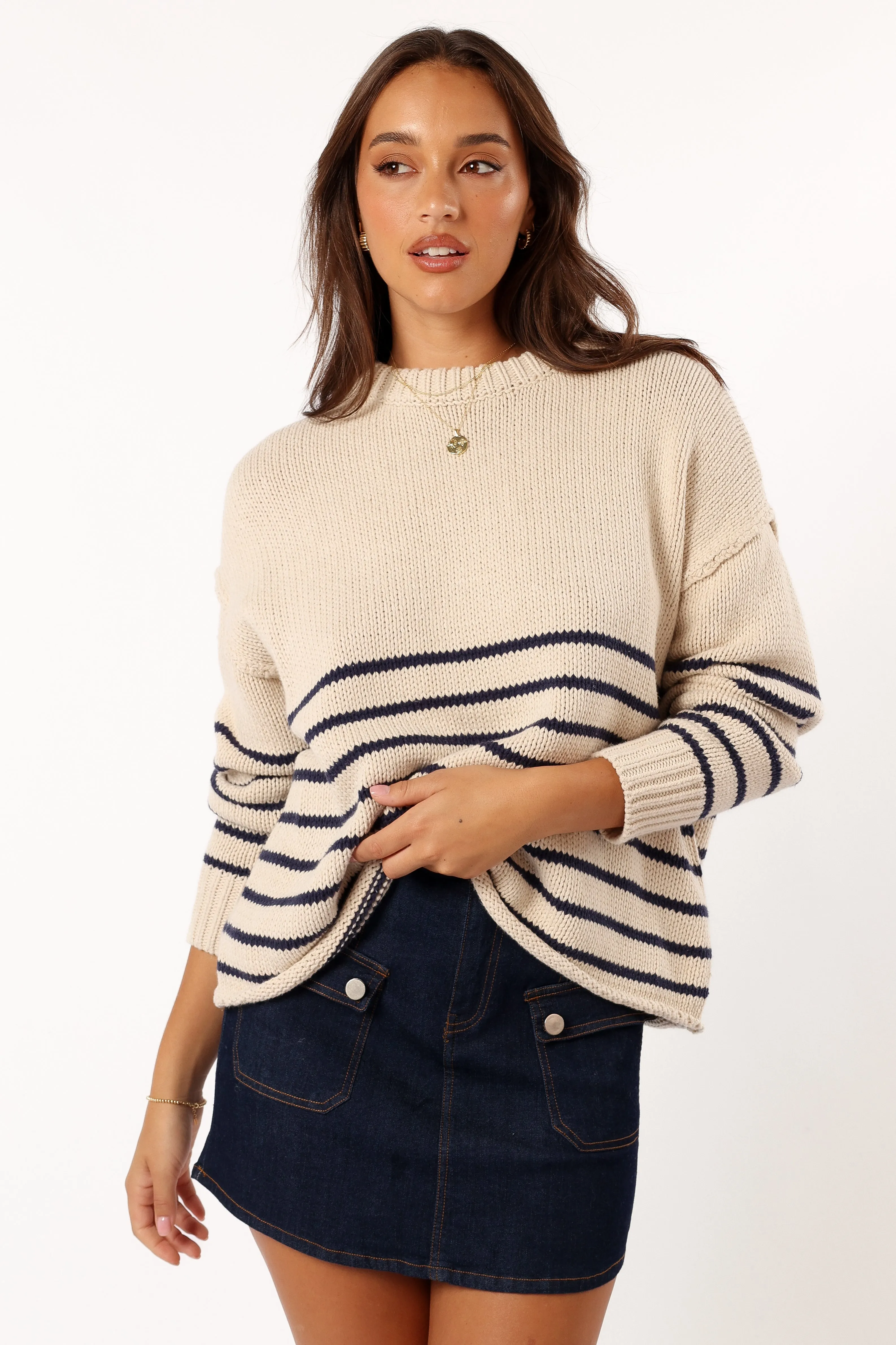 Tenzie Stripe Knit Sweater - Natural Navy sold by Petal & Pup