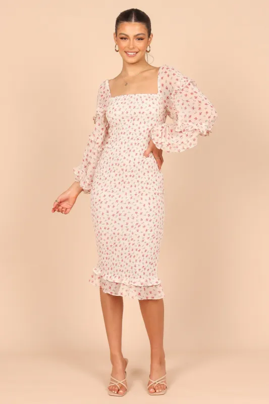 Bonita Shirred Frill Long Sleeve Bodycon Midi Dress - Cream Floral sold by Petal & Pup