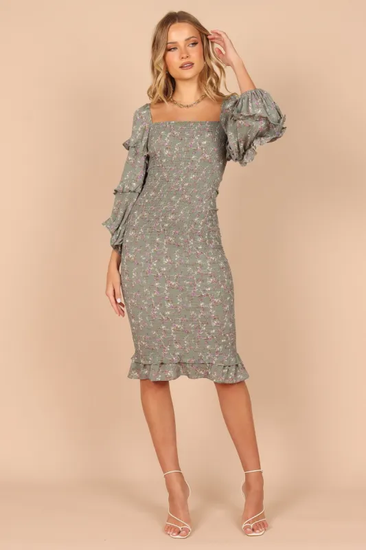 Bonita Shirred Frill Long Sleeve Bodycon Midi Dress - Sage Floral sold by Petal & Pup