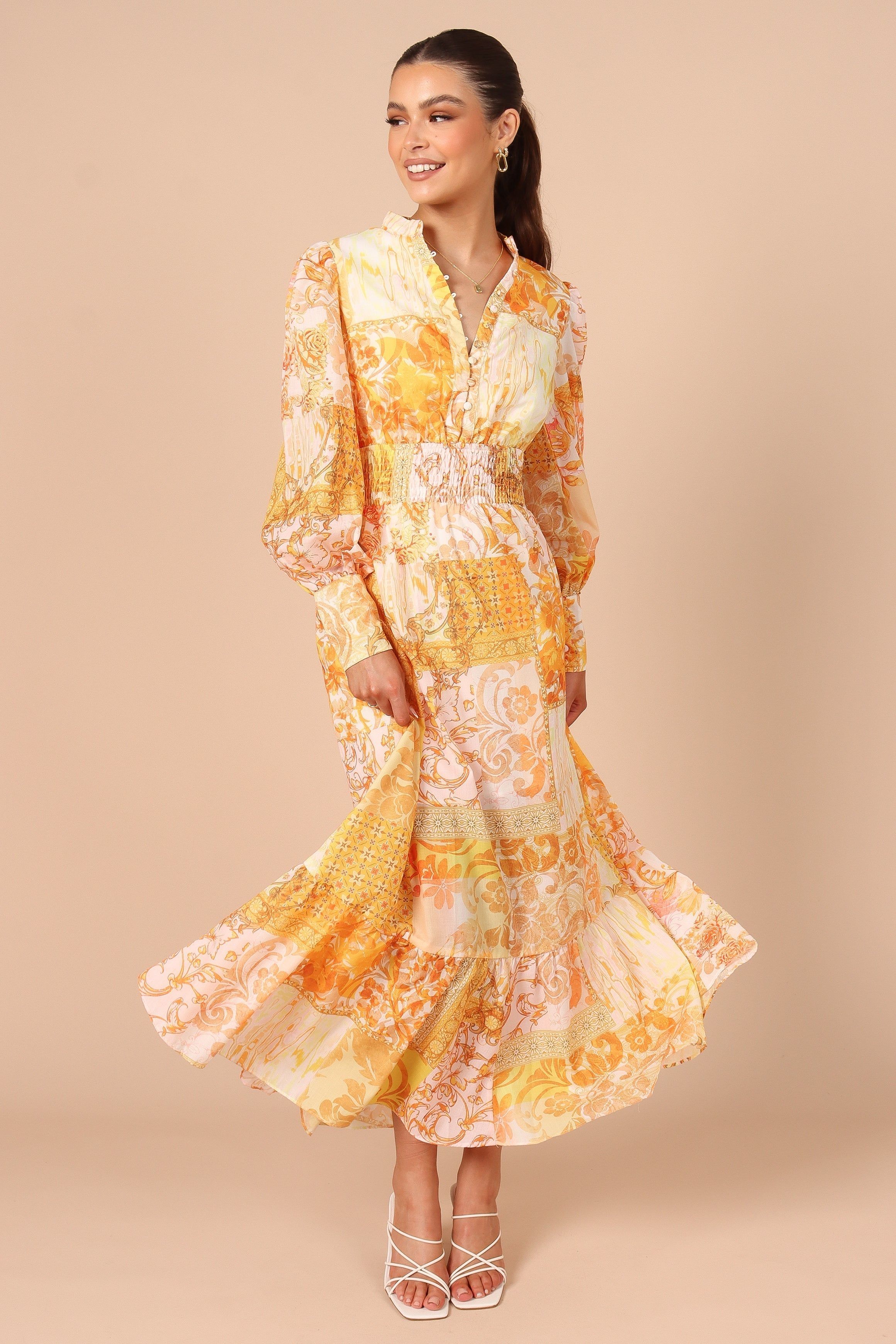 Elements Elastic Waist Long Sleeve Midi Dress - Mustard sold by Petal & Pup