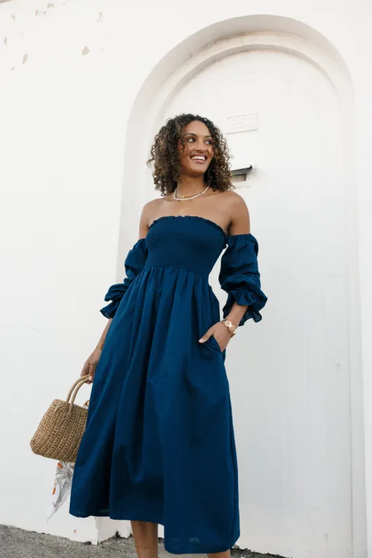 Domenica Shirred Long Sleeve Dress - Navy sold by Petal & Pup