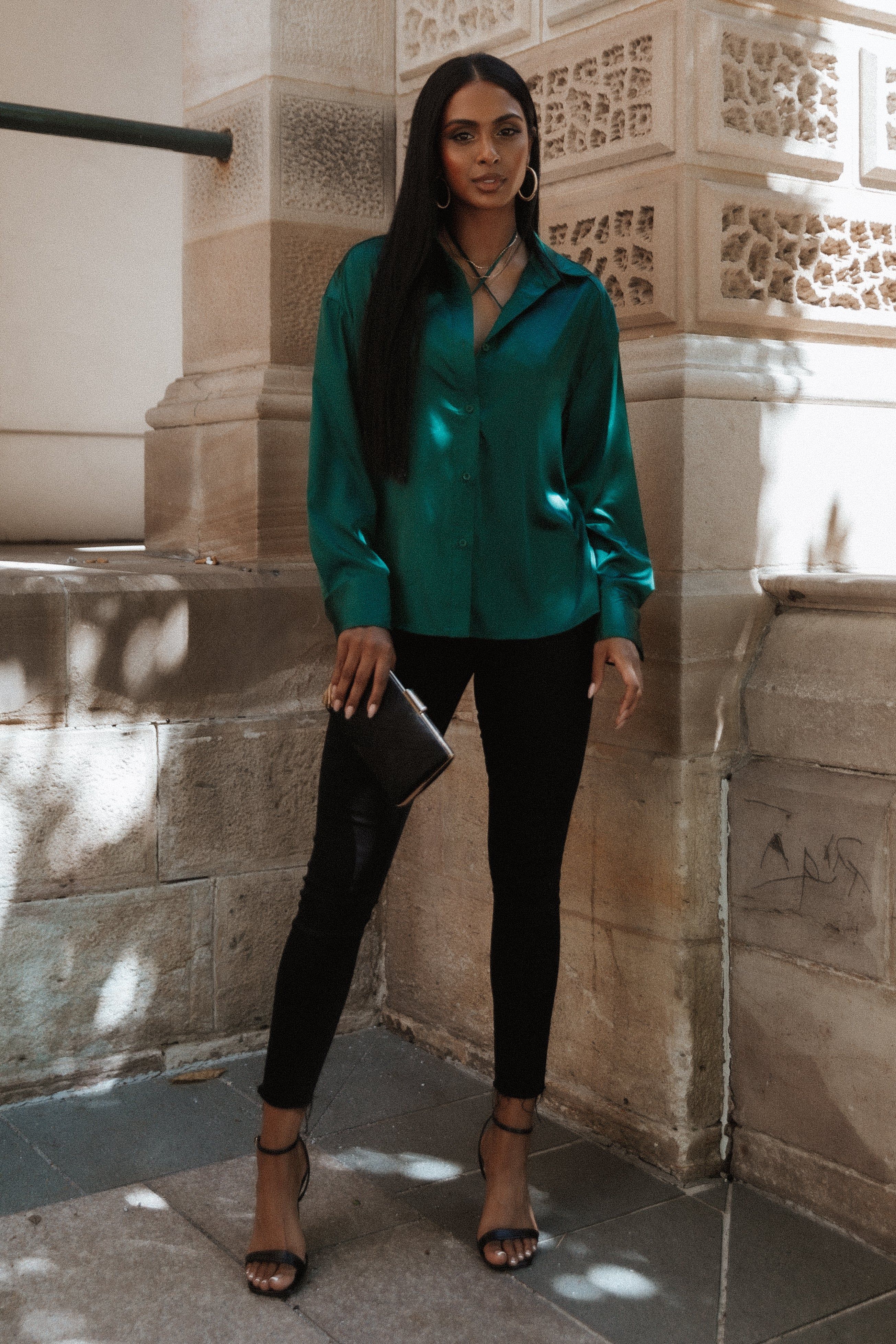 Selena Satin Button Down Top - Hunter Green sold by Petal & Pup product image thumbnail 3