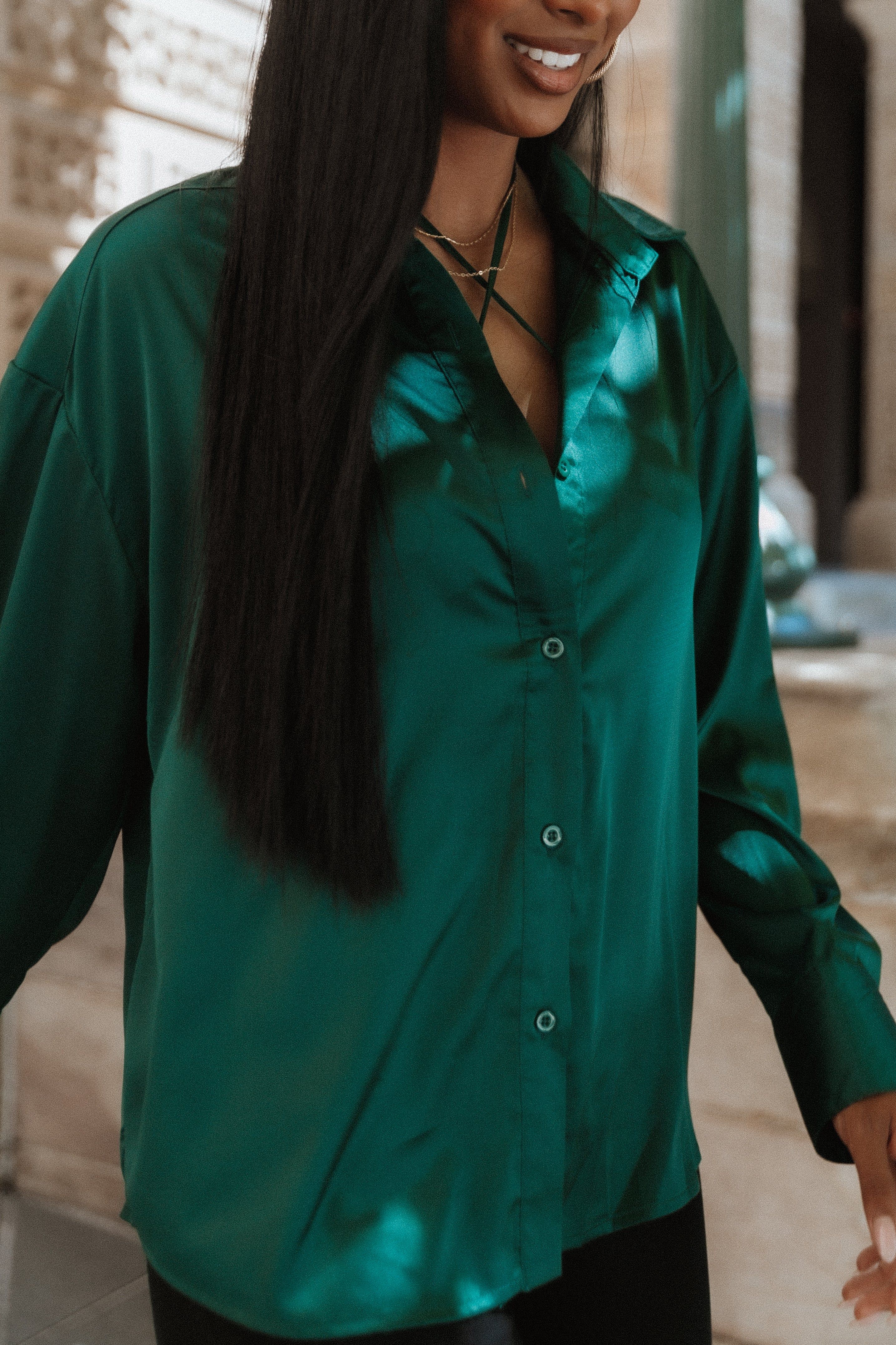 Selena Satin Button Down Top - Hunter Green sold by Petal & Pup product image thumbnail 2