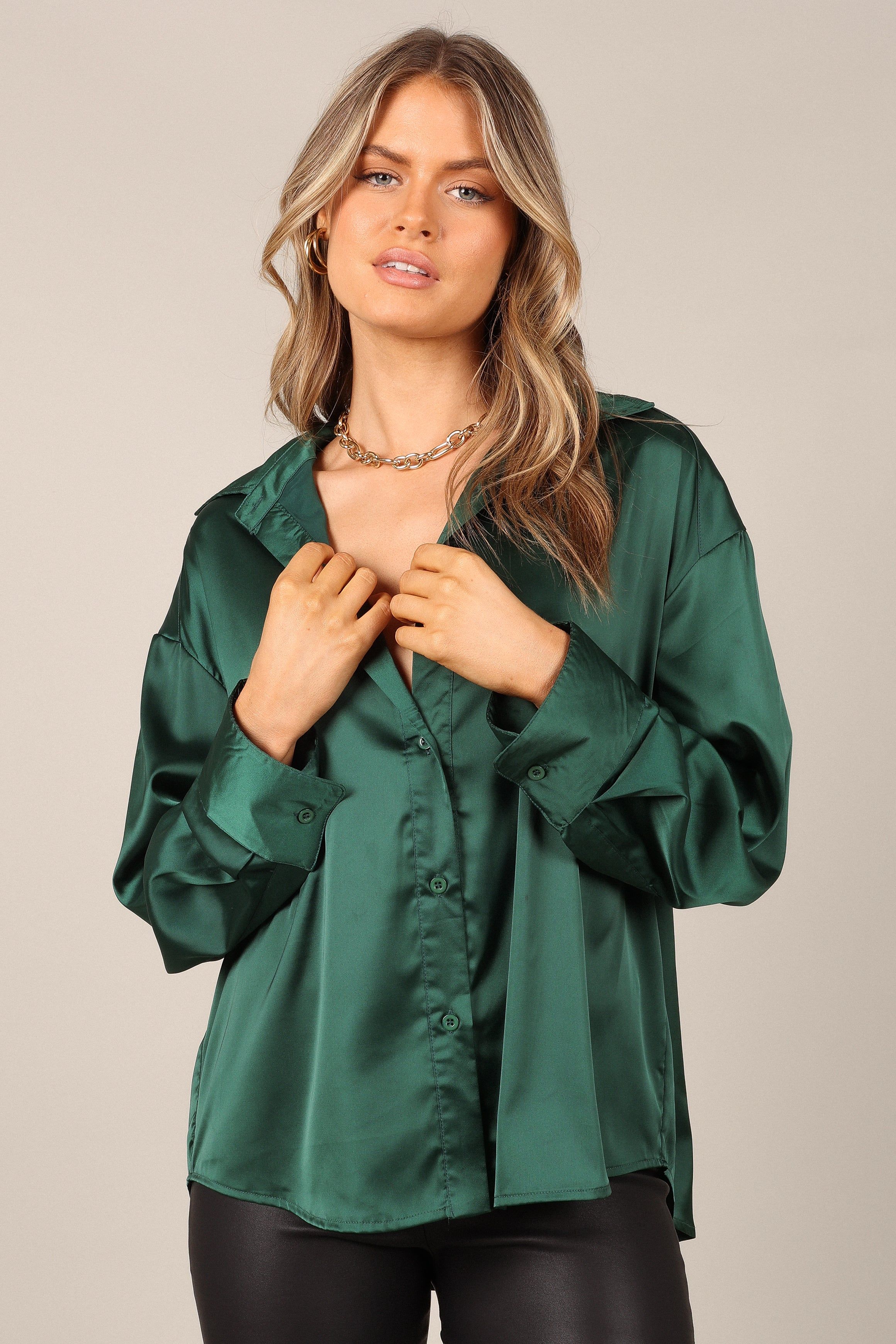 Selena Satin Button Down Top - Hunter Green sold by Petal & Pup product image thumbnail 8